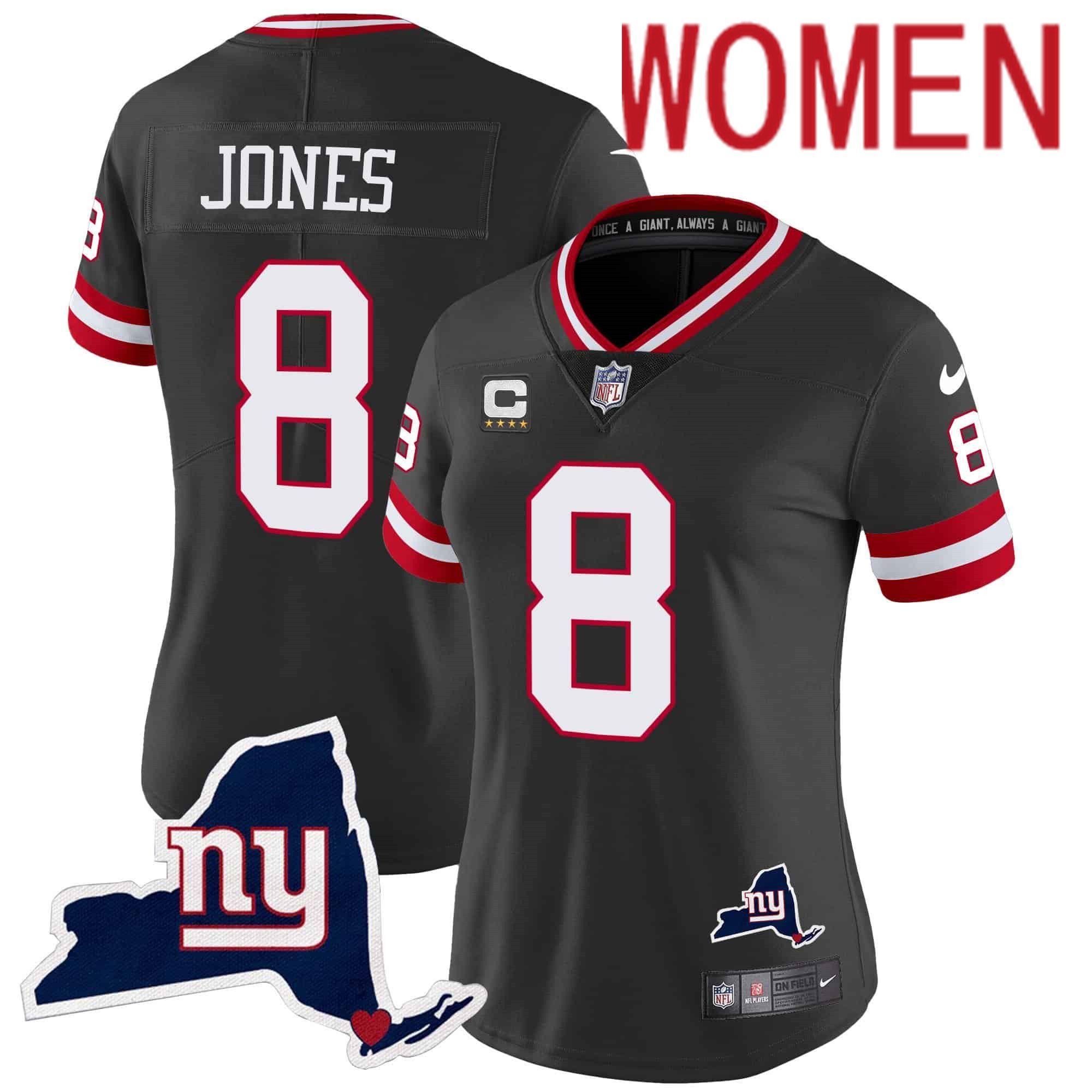 Women New York Giants #8 Jones Black 2024 Nike Map Patch Limited NFL Jersey style 1->women nfl jersey->Women Jersey